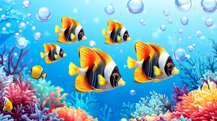 Wall Mural - A school of colorful fish swim through a vibrant coral reef, surrounded by bubbles, in a clear blue ocean.