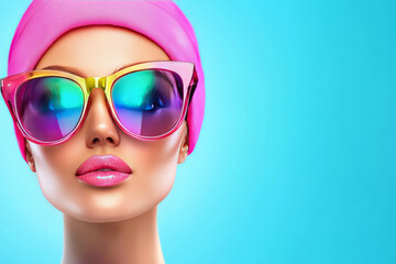 Wall Mural - Woman in pink sunglasses and hat against blue background.