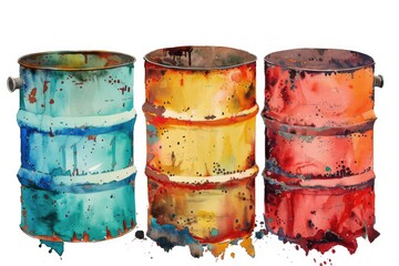 Wall Mural - A close-up view of three wooden barrels with colorful paint applied