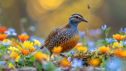 Wall Mural - A colorful bird stands in a field of wildflowers.