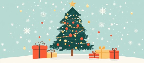 Decorated Christmas tree surrounded by presents in a flat design style