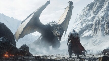 Wall Mural - A lone knight facing a menacing dragon in a snowy mountain landscape