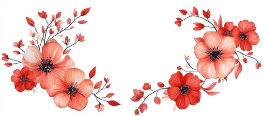 Wall Mural - Round frame design featuring blooming flowers with a decorative border of red blossoms and leaves isolated on a white background in a flat illustration style