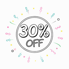 30% off discount badge design with playful decorations and vibrant colors for promotions
