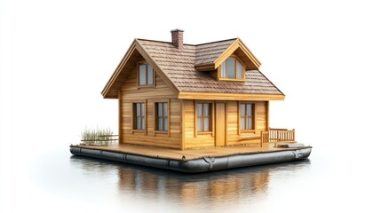 Floating house isolate on white background, aquatic setting,