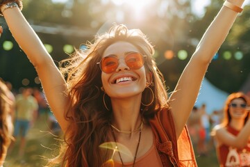 a woman with long hair is smiling and dancing in a crowd, generative ai image