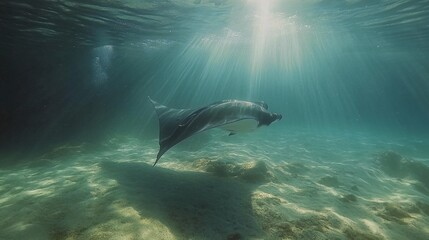 Wall Mural - A manta ray swims through clear blue water with the sun shining down from above.