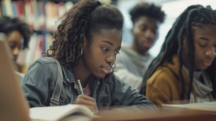 Wall Mural - Group of young girls studying and reading books in a quiet library setting