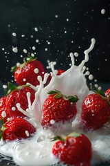 Wall Mural - A bowl of milk with fresh strawberries being added, great for food or lifestyle photography