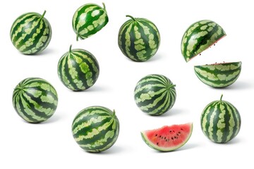 Wall Mural - Fresh watermelons cut in half on a clean white surface, ready for use or display