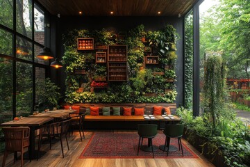 Poster - Modern Restaurant Interior with Greenery Wall