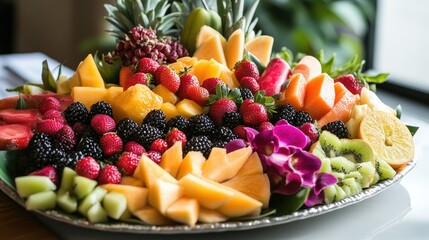 Wall Mural - A vibrant fruit platter with a variety of tropical fruits. Healthy foods. Diet 