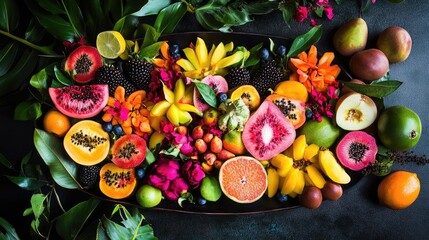 A vibrant fruit platter with a variety of tropical fruits. Healthy foods. Diet 