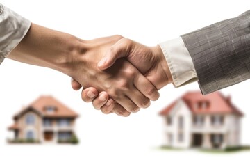 Two individuals shaking hands outside a residential building