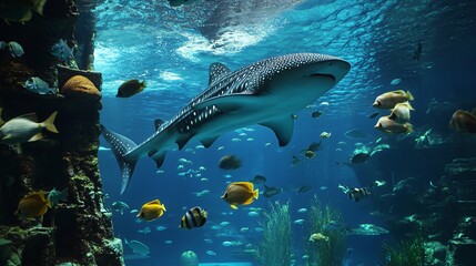 Wall Mural - A large whale shark swims through a vibrant coral reef, surrounded by colorful fish, showcasing the beauty and diversity of marine life.