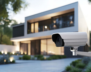 Modern CCTV camera fixed on side of contemporary home, showcasing clean lines and sleek design. This security feature enhances safety and peace of mind