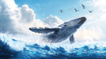 Wall Mural - A large whale leaps out of the ocean, with seagulls flying above.