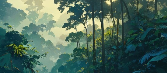 Painting of a misty rainforest with damp foliage and lush greenery