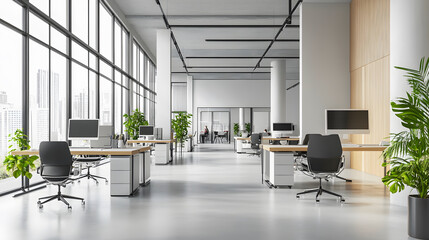 A modern workspace with open plan seating features sleek desks, ergonomic chairs, and large windows that provide ample natural light. greenery adds refreshing touch to professional environment