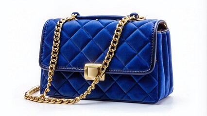 Luxurious velvet blue designer handbag with gold-tone hardware and elegant stitching, posing on a crisp white