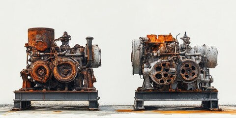 A side-by-side comparison of two distinct engines, showcasing rusty and well-maintained mechanical details and structures.