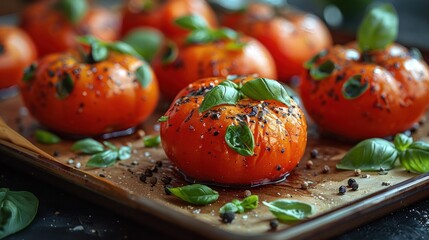 Wall Mural - Roasted tomatoes with basil and pepper on a baking sheet.