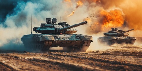 Dynamic battlefield scene featuring powerful tanks engaged in action amidst vibrant explosions and smoke.