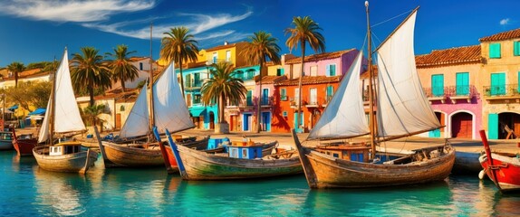 Vibrant harbor scene with colorful houses and traditional boats under a sunny sky, capturing the essence of Mediterranean coastal life.