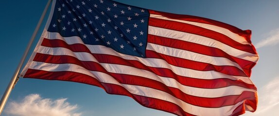 American flag waving against blue sky, symbolizing freedom, patriotism, and national identity. Perfect for national holidays and remembrance events.