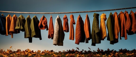 colorful sweaters hang on a line against a serene backdrop, embodying autumn warmth and seasonal fas