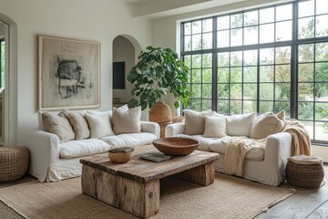 Poster - Spacious Living Room with Natural Elements and a Cozy Atmosphere