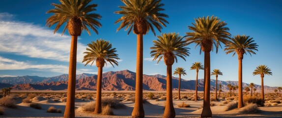 Canvas Print - Scenic landscape featuring palm trees against a backdrop of majestic mountains and a clear blue sky. Captures serene desert beauty.