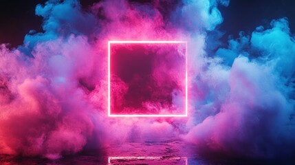 Poster - Neon Square Frame Glowing in Pink and Blue Smoke