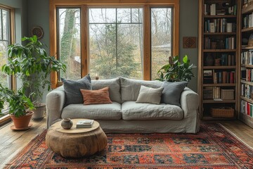 Wall Mural - Cozy Living Room with Large Window and Rustic Details