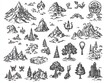 © NFTNexus - Fantasy map symbols for creating imaginative cartography line illustrations outlines 2D designs featuring mountains trees and mythical creatures