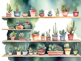 Succulents and cactus watercolors on indoor shelves