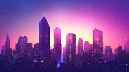 A futuristic city skyline at dusk with a vibrant purple and pink sky. The city is lit up with lights, and there are stars in the background.