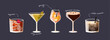 © Alina - Banner with modern cocktails. Set of classical alcohol drinks isolated on dark background. Vector illustration
