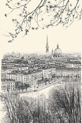 Turin, Italy, black and white pen pencil hand-drawn effect portrait drawing illustration for travel poster, card, wallpaper, backdrop or banner. Modern, clear, artistic and simple