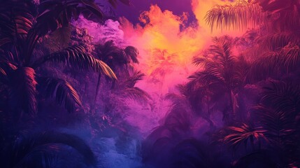 Wall Mural - Palm Trees Silhouetted Against Purple and Orange Smoke