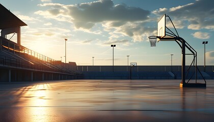 Wall Mural - Solemn basketball court illuminated by soft rays of light, featuring a stadium backdrop and a ready hoop for play