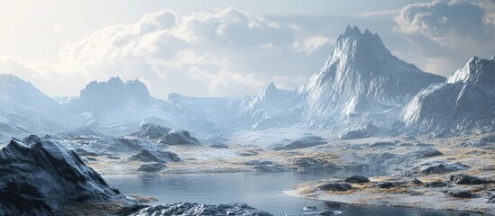 Wall Mural - 3D rendering of a fantasy landscape featuring metallic rock formations