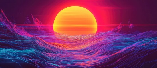 Glitched sun disk combined with neon holographic liquid shapes Abstract 2d typography in retrowave vaporwave style suitable for music event posters or covers