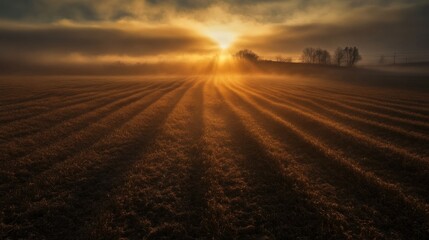 Sticker - Sunbeams Illuminating a Foggy Field at Sunrise