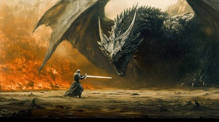 Wall Mural - A Lone Knight Faces a Massive Black Dragon in a Fiery Landscape