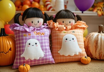 Two little girl dolls holding Halloween gingham cloth bags with white, pink, purple and orange ghost costumes on the front of the bags.