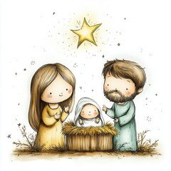 A joyful nativity scene depicting Mary, Joseph, and baby Jesus under a shining star