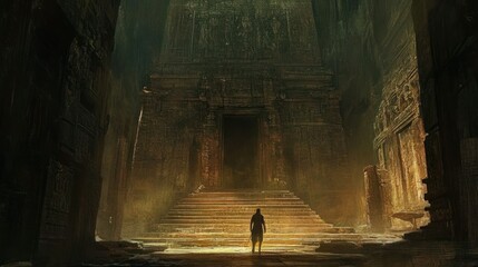 Canvas Print - A lone figure stands before a grand stone temple entrance