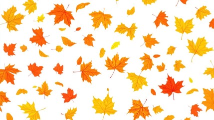 Wall Mural - Golden Yellow And Orange Falling Maple Leaves Collection Seamless Overlay On White Background Patterns