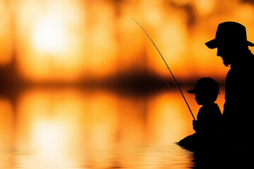 Wall Mural - Dad And His Son Fishing At Sunset